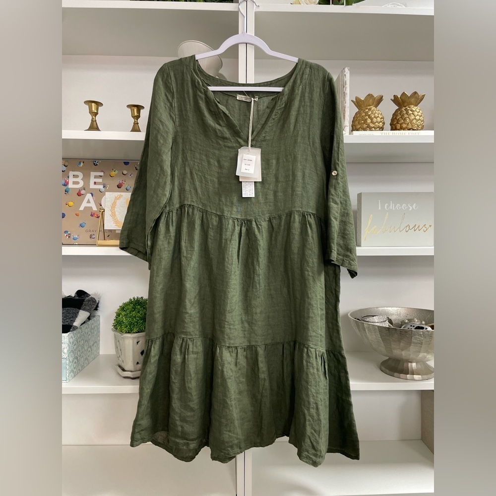 Linen Summer Dress Small  Ivy Green Italy Women Francesca Bettini
